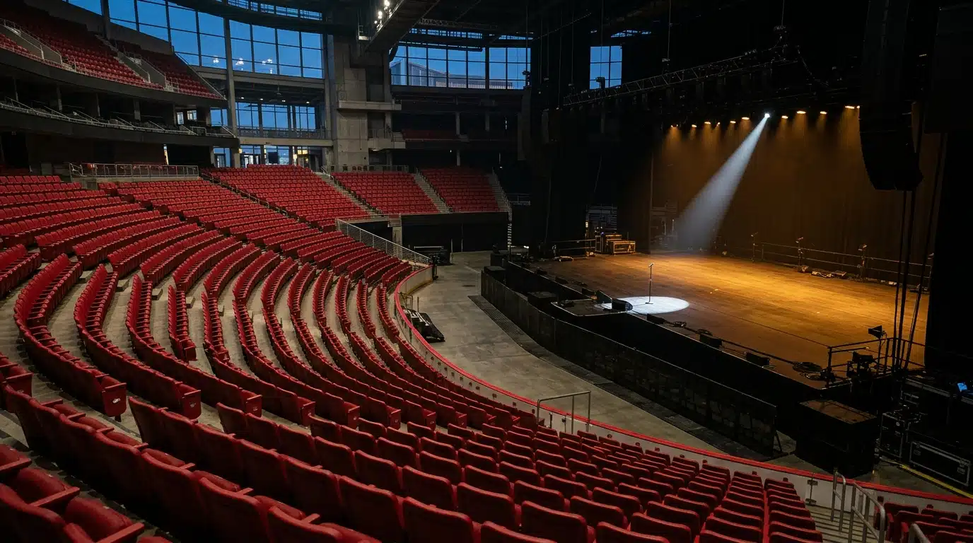 Salle de concert vide avec scène éclairée par un projecteur