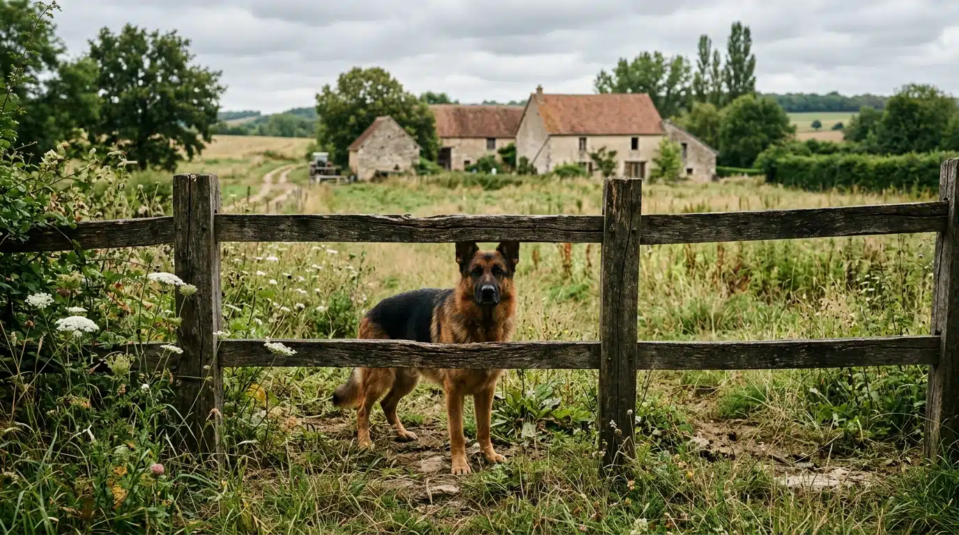 Berger allemand derrière une clôture rurale, posture alerte