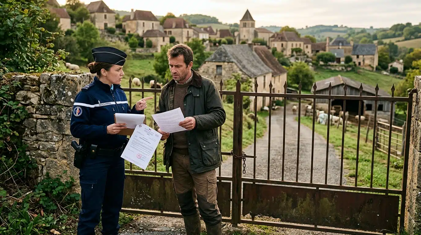 Policier et vétérinaire devant le portail d'une propriété