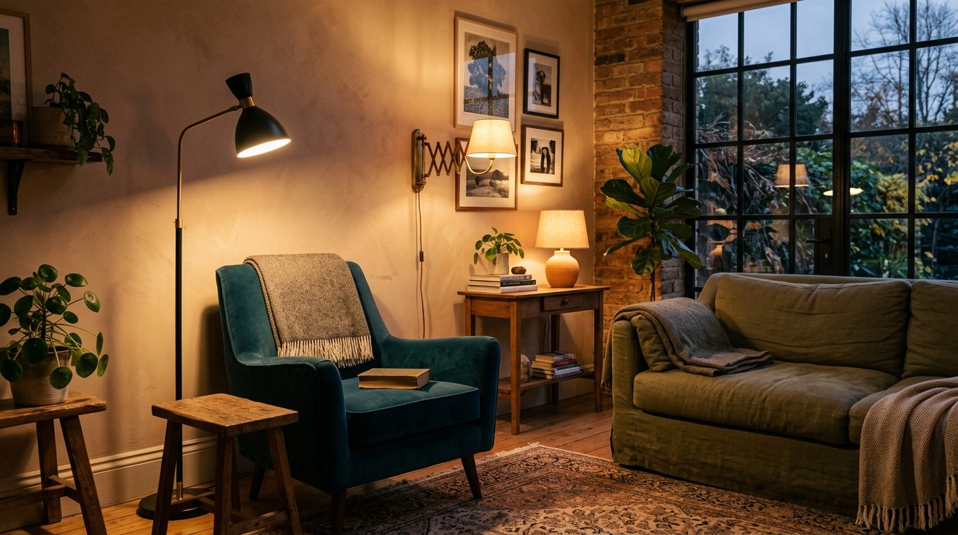 Trois lampes à hauteurs différentes dans un salon chaleureux