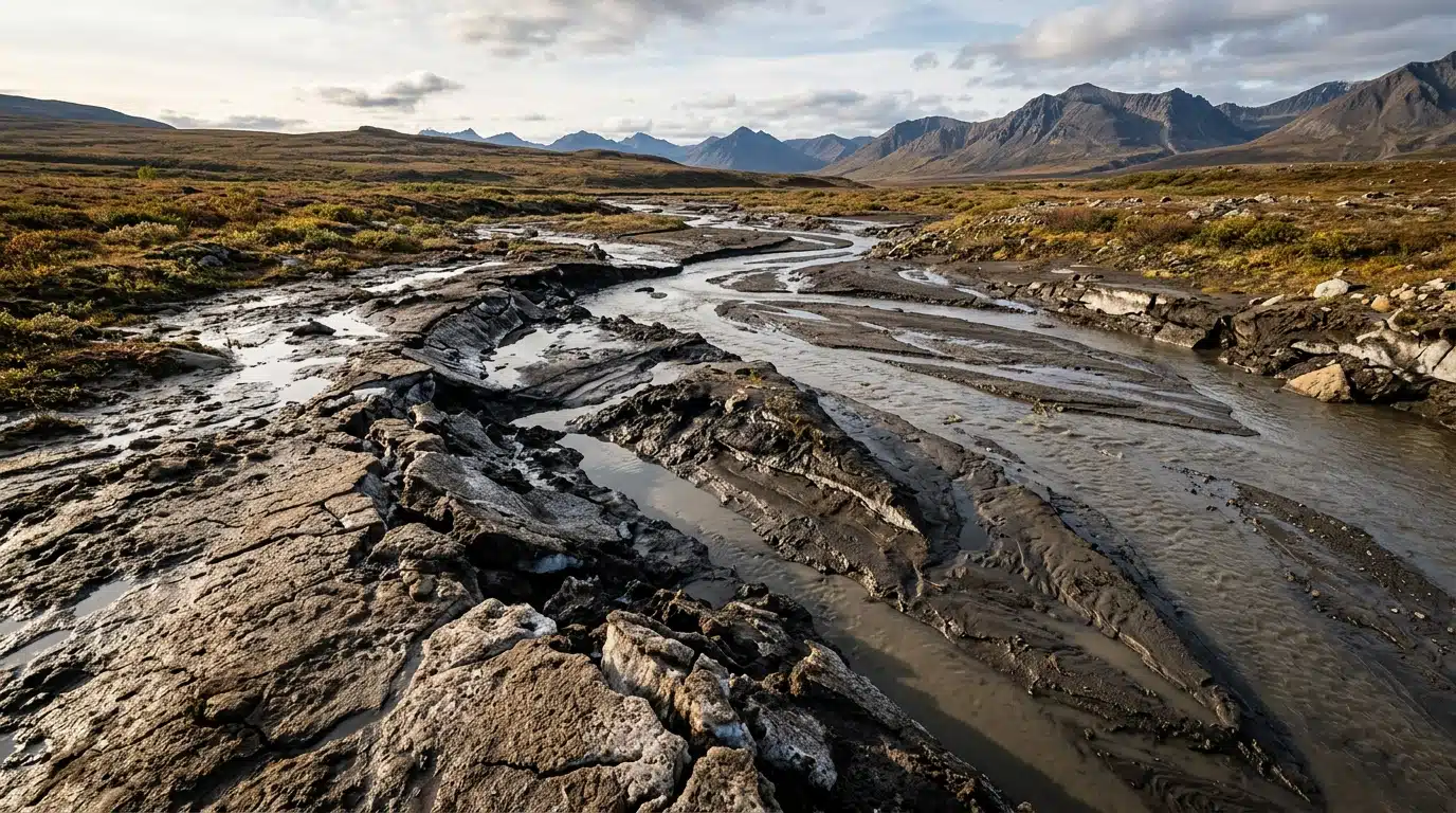 Rivière arctique creusant un sol gelé fissuré