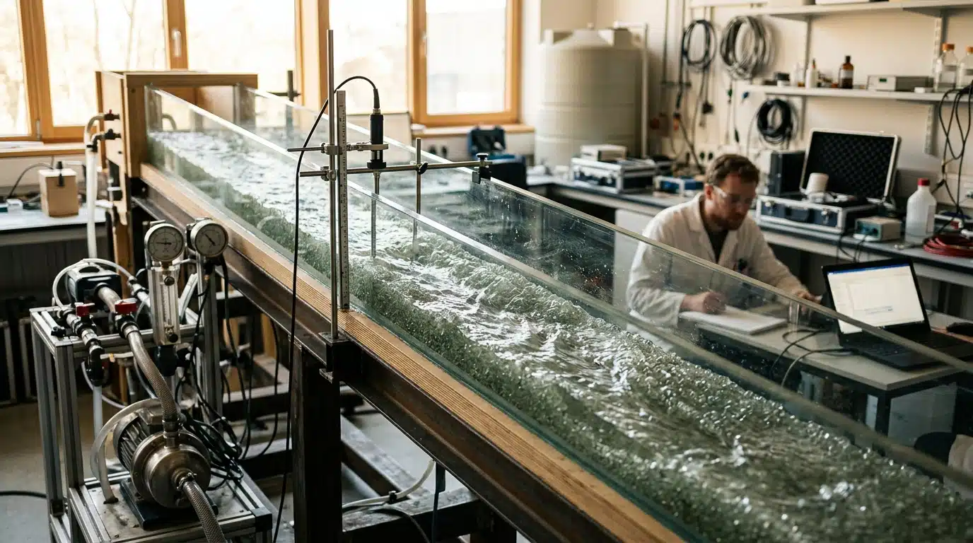 Canal de laboratoire avec billes de verre et eau