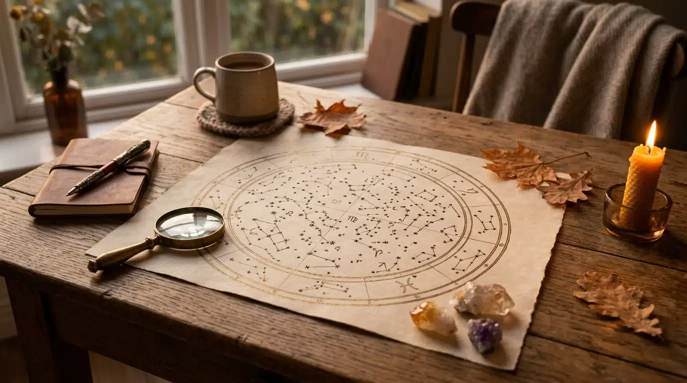 Carte du ciel étoilée avec symboles zodiacaux illuminés