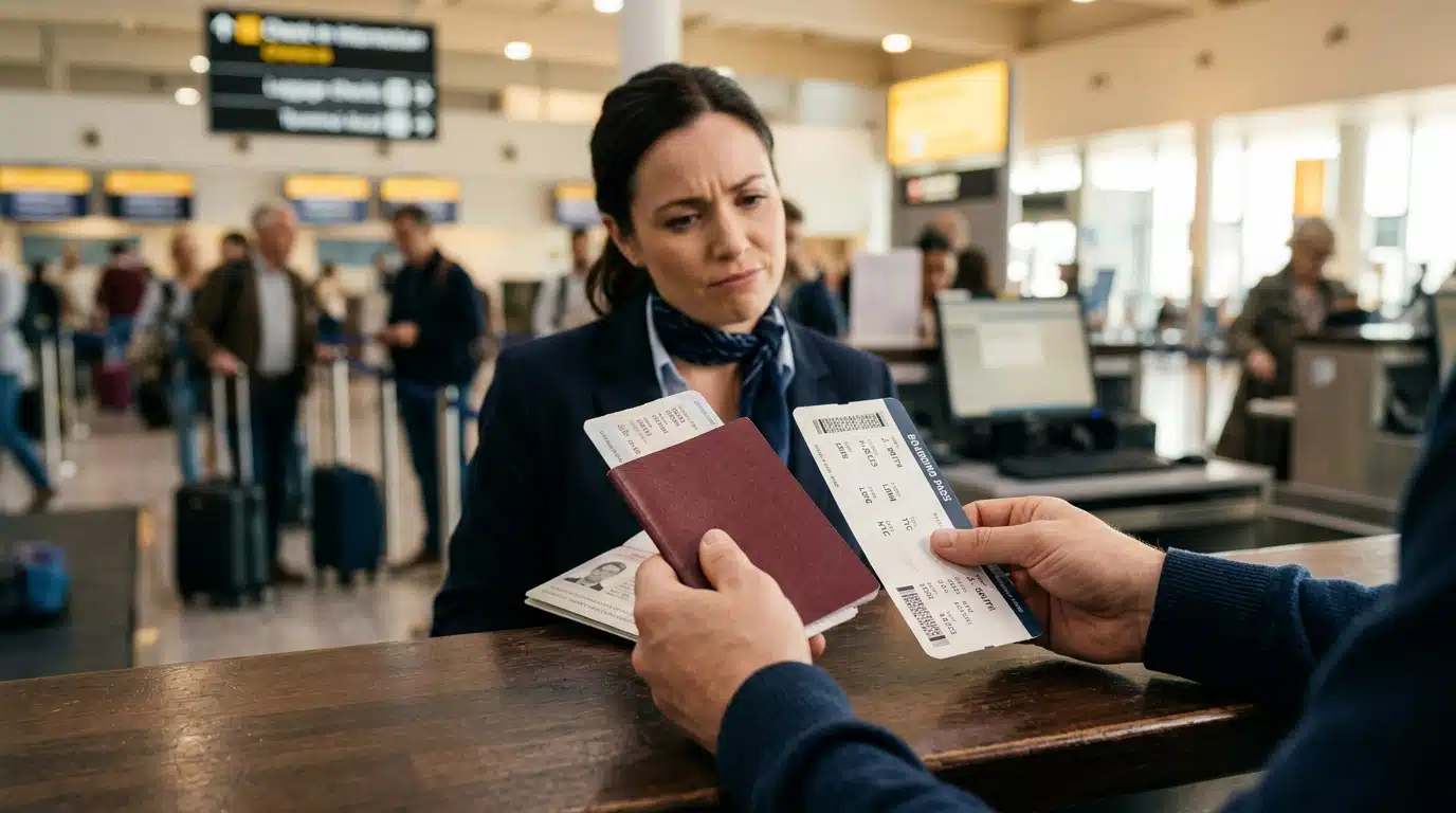 Passeport et carte d'embarquement posés sur un comptoir