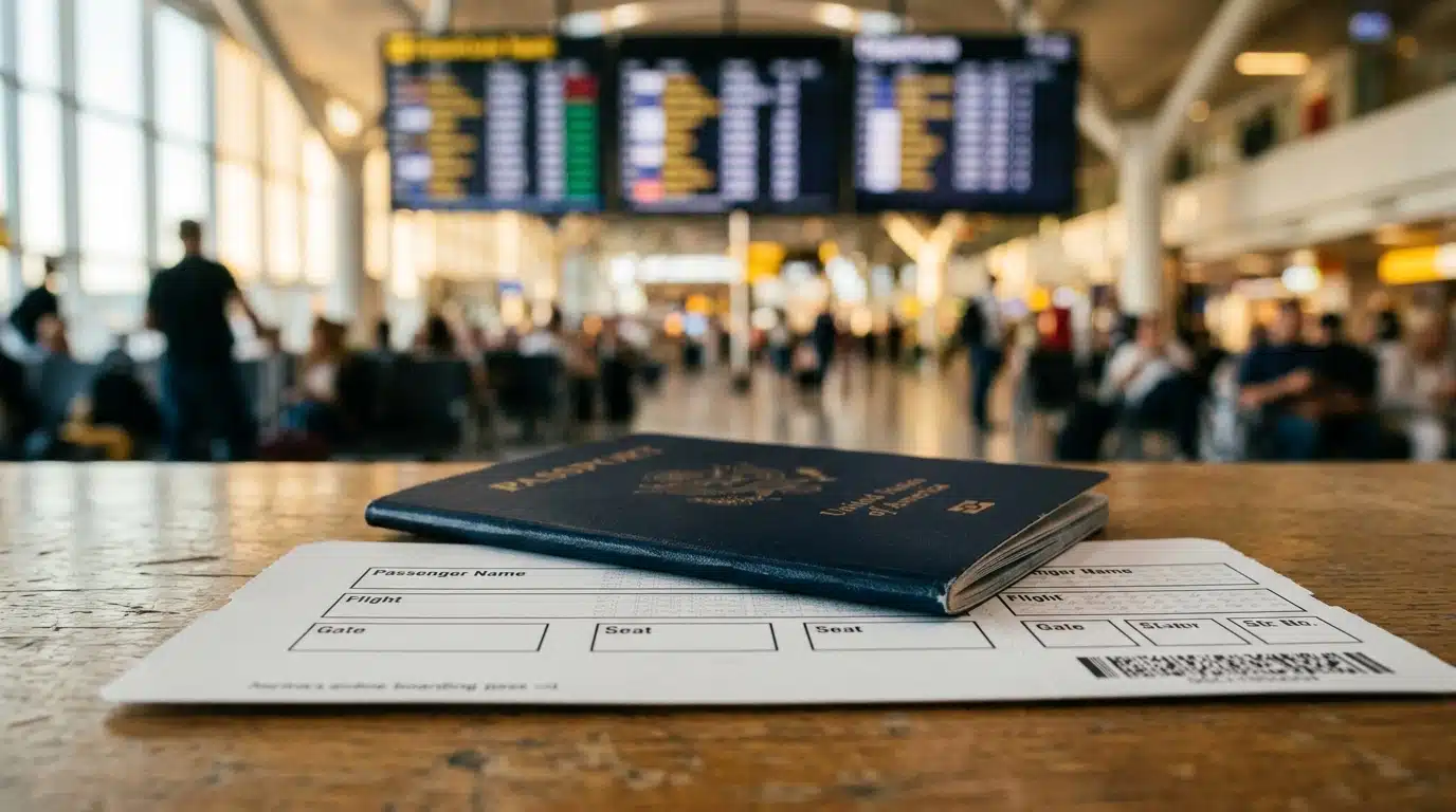 Gros plan sur billet d'avion et passeport à l'aéroport