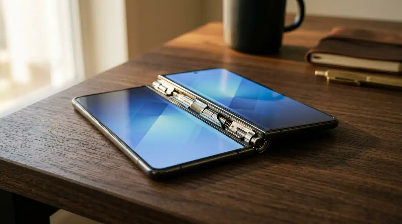 Smartphone pliable ouvert posé sur un bureau sombre
