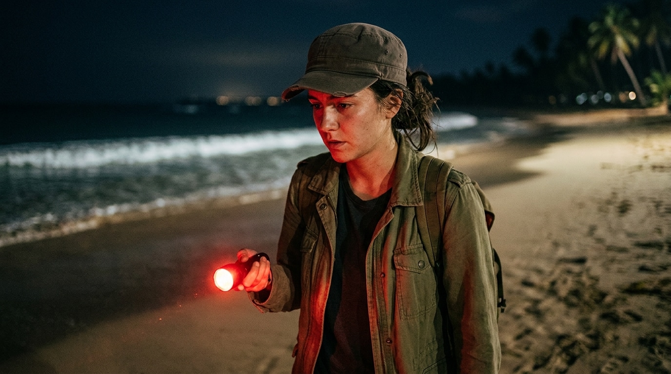 Volontaire marchant de nuit sur une plage avec lampe frontale