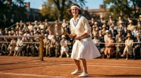 Joueur de tennis des années 1920 sur un court en terre battue