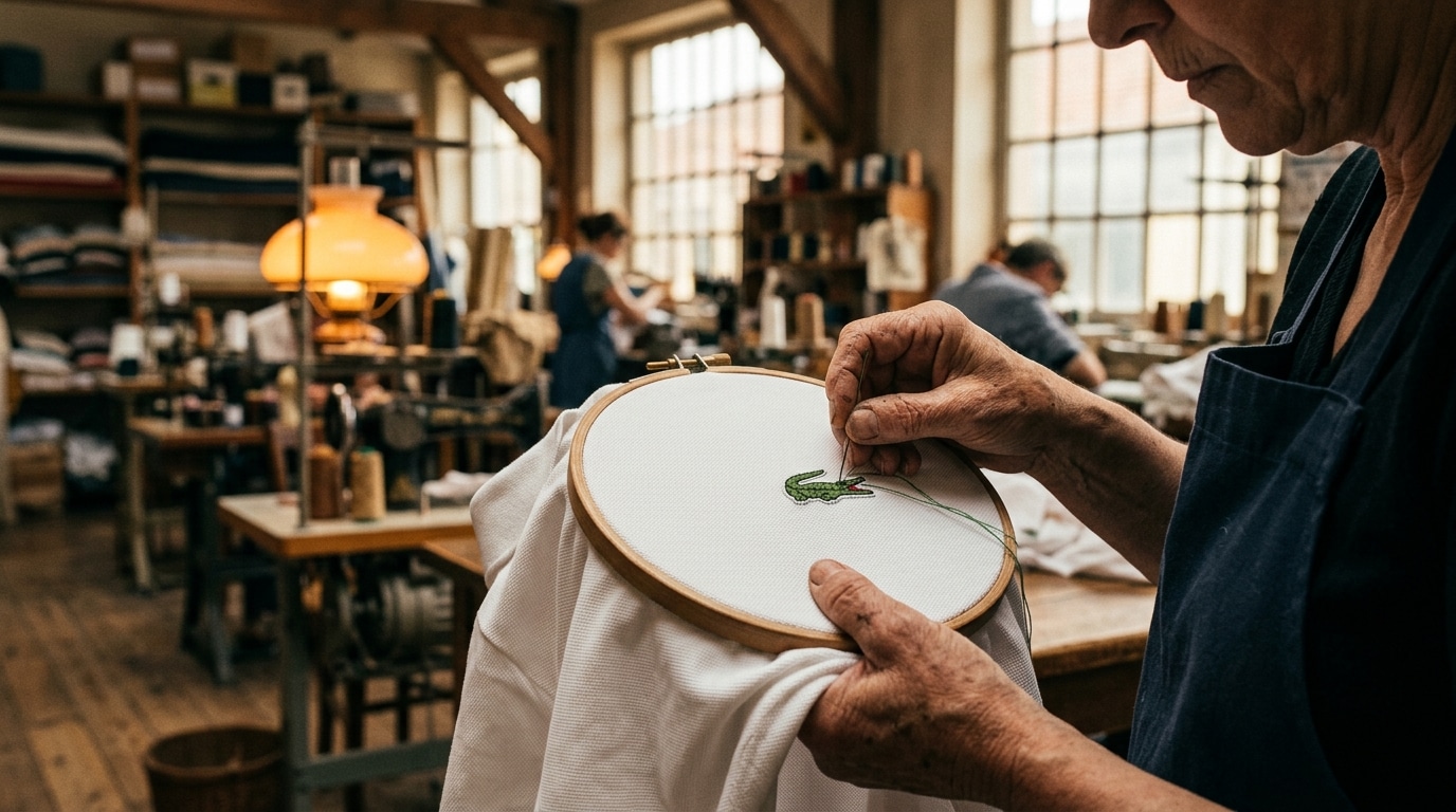 Broderie d'un crocodile vert sur un polo blanc
