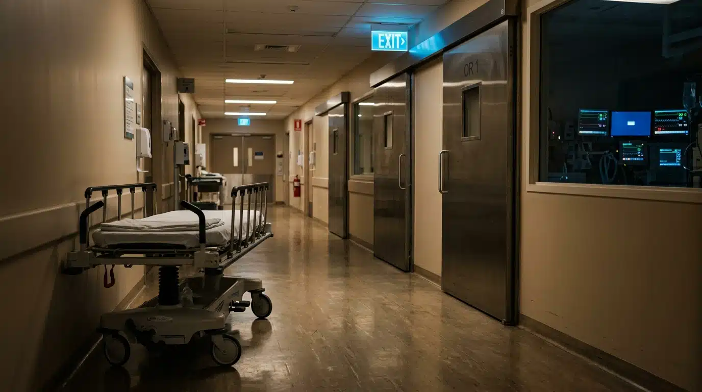 Couloir d'hôpital avec porte de bloc opératoire éclairée