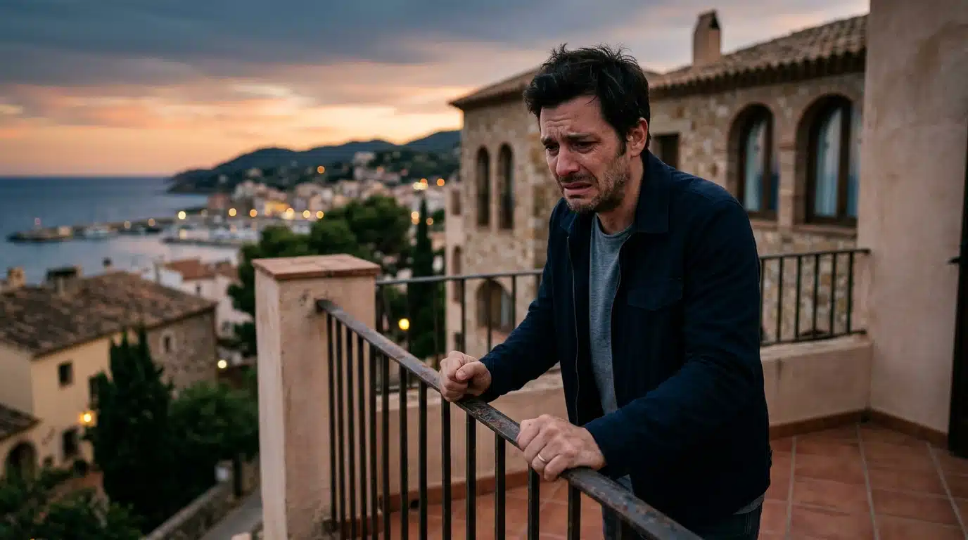 Homme effondré sur un balcon d'hôtel au crépuscule