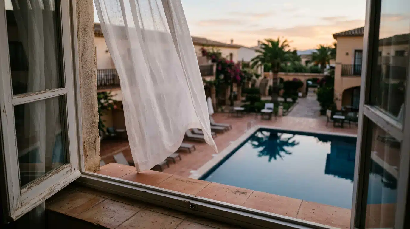 Fenêtre d'hôtel ouverte au-dessus d'une piscine