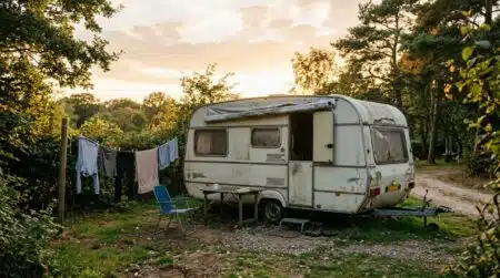Caravane isolée dans un camping au coucher du soleil
