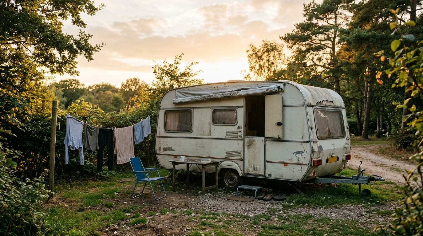 Caravane isolée dans un camping au coucher du soleil