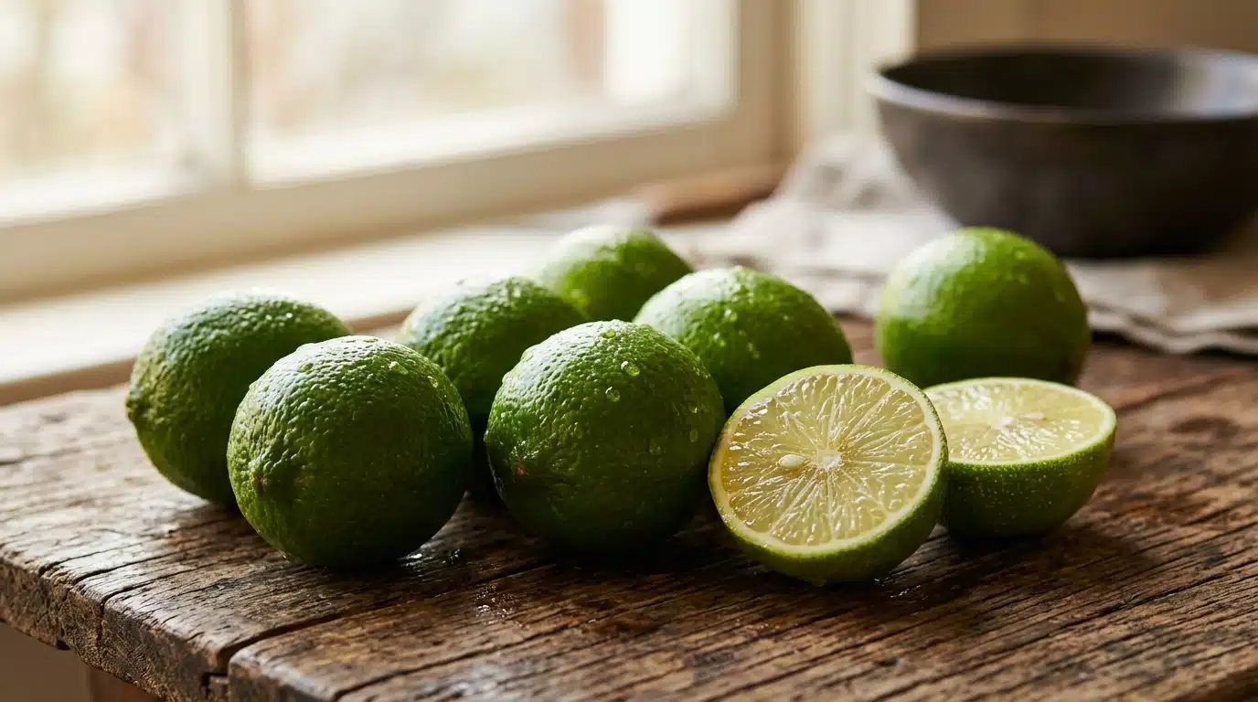 Citrons verts entiers et coupés sur une table en bois