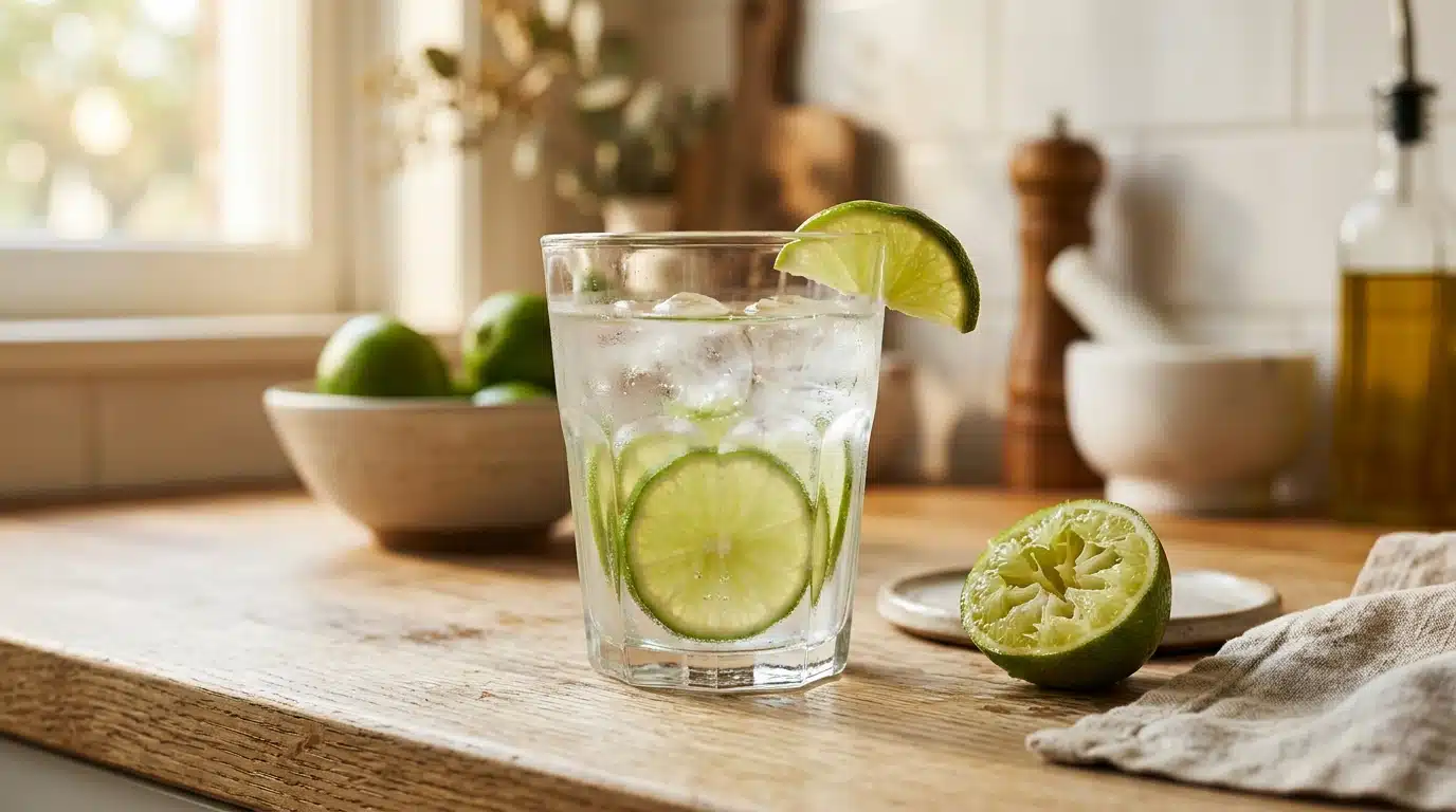 Verre d'eau citronnée avec rondelles de citron vert
