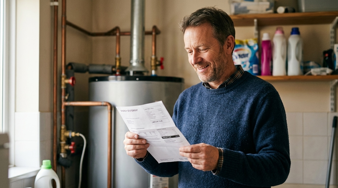 Homme souriant tenant une facture d'électricité chez lui