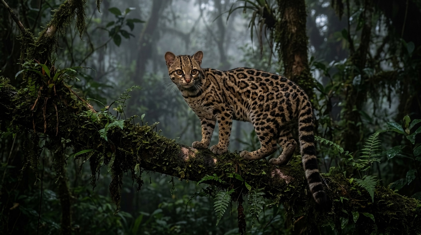 Petit chat tigre tacheté dans une forêt de nuages brumeuse