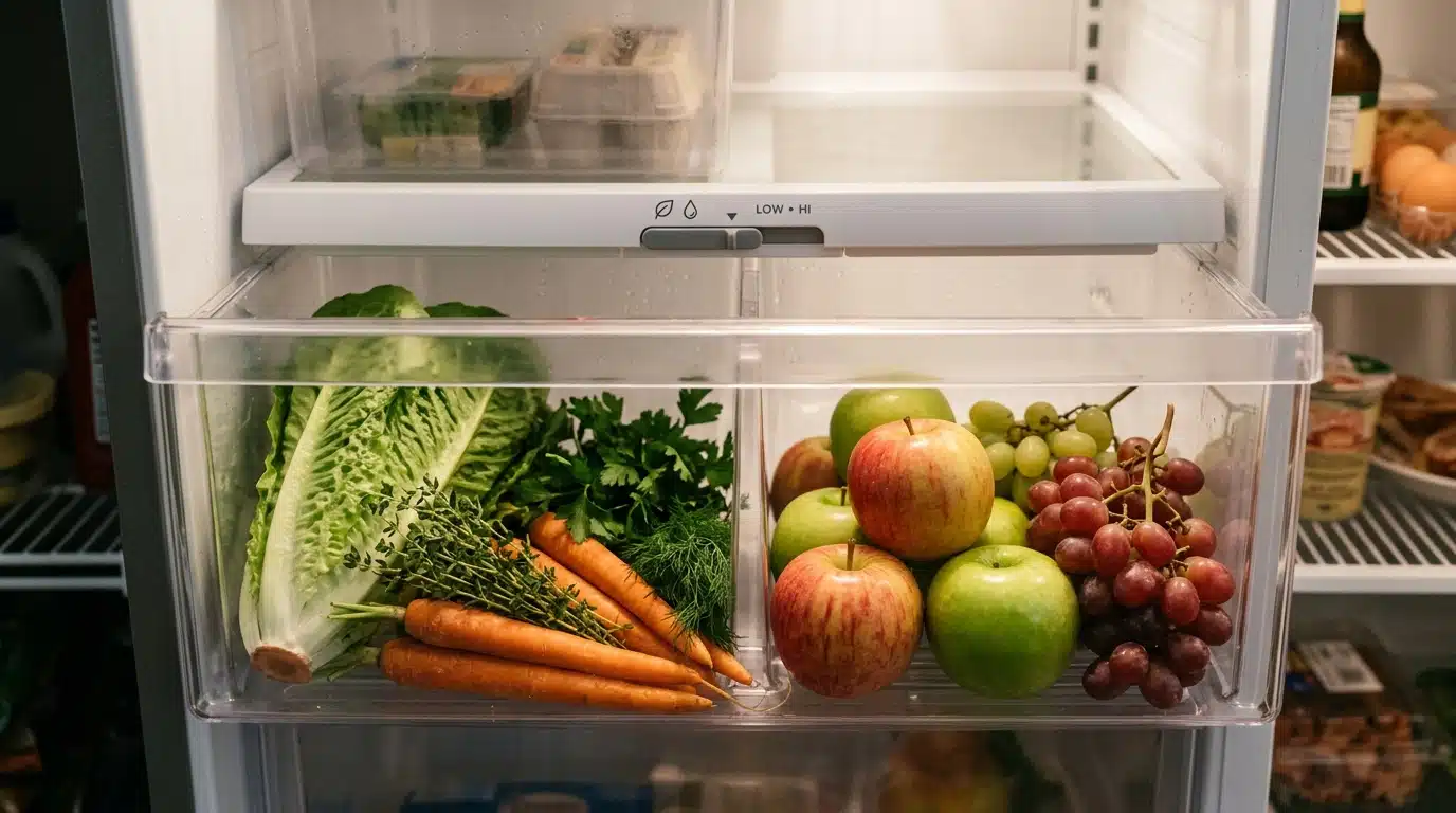 Curseur d'humidité au-dessus du bac à légumes