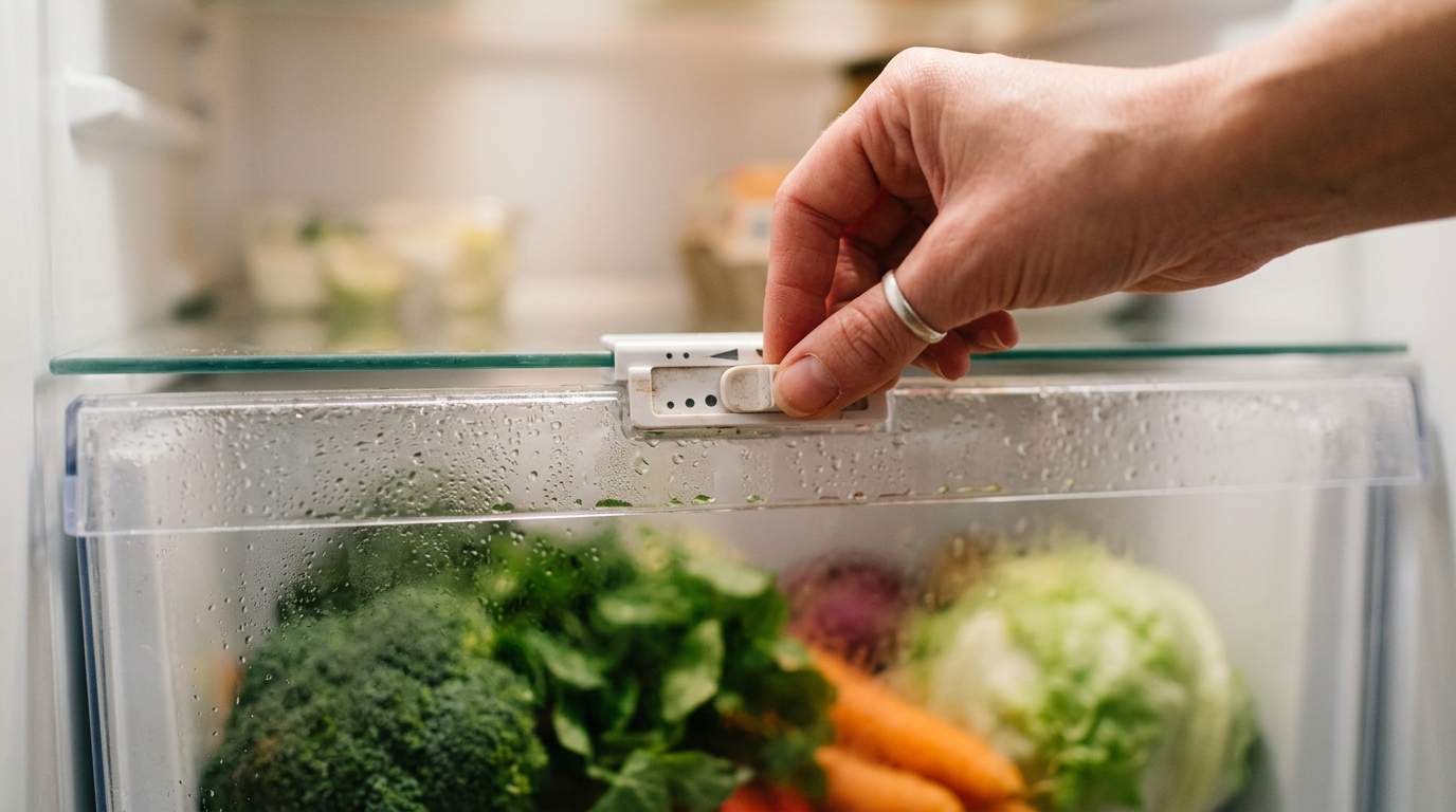 Main réglant le curseur d'un bac à légumes