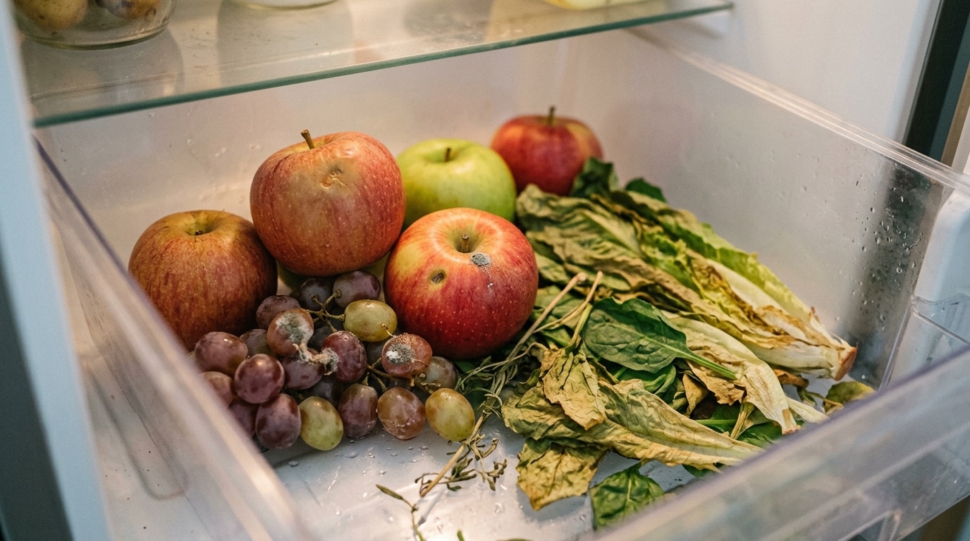 Fruits abîmés et salade flétrie dans un bac à légumes