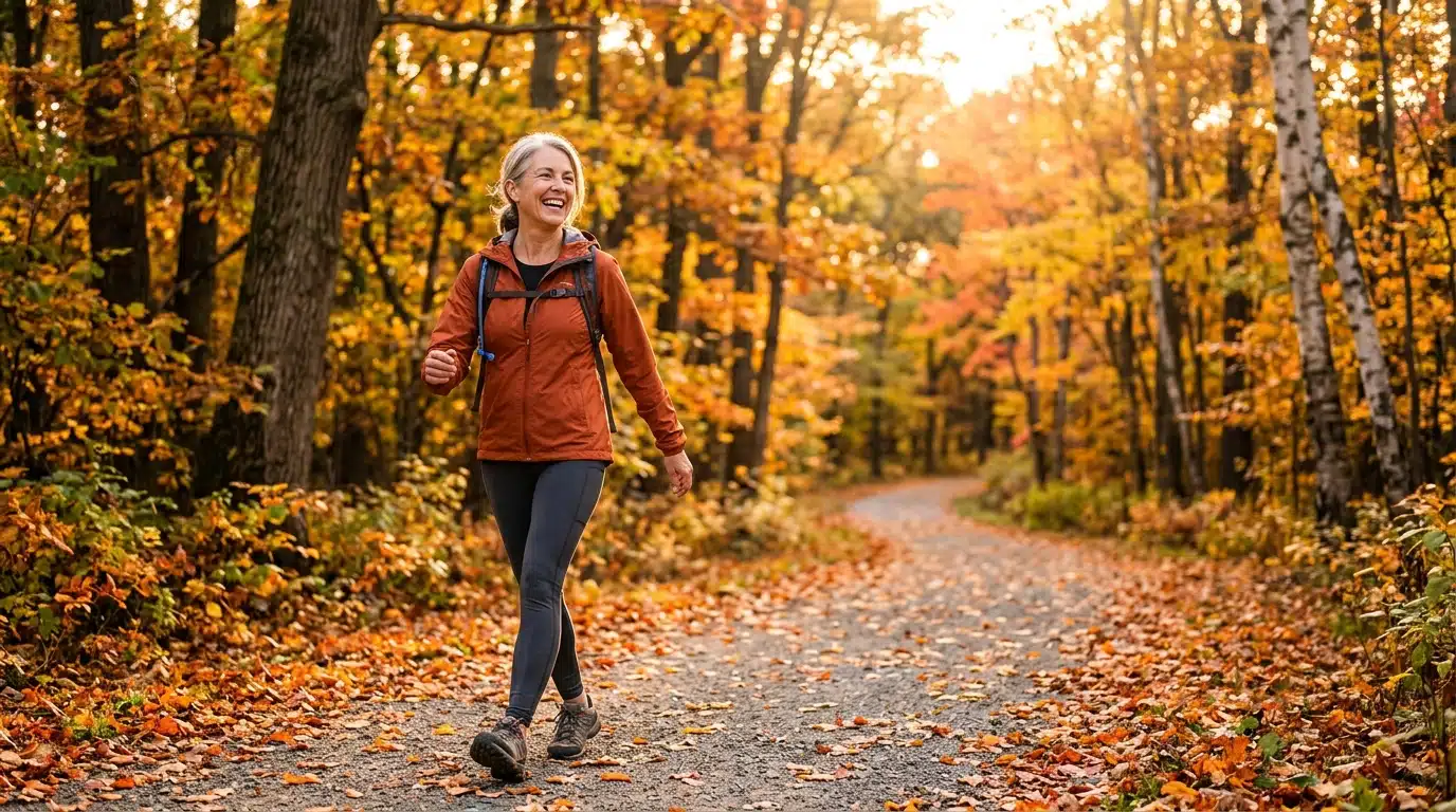 Femme active profitant de son énergie retrouvée en automne