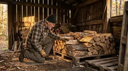 Homme senior inspectant un tas de bûches sur palettes