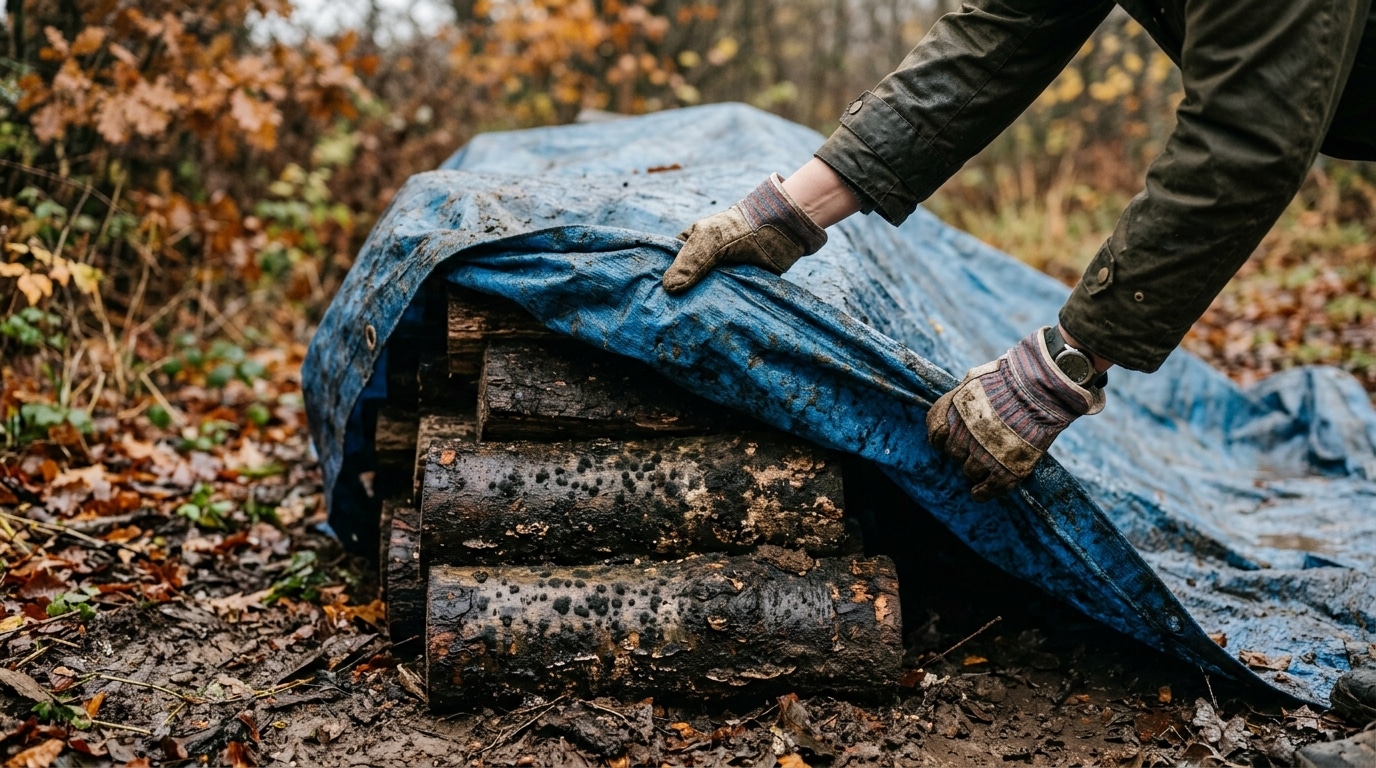 Bâche recouvrant un tas de bois humide et moisi