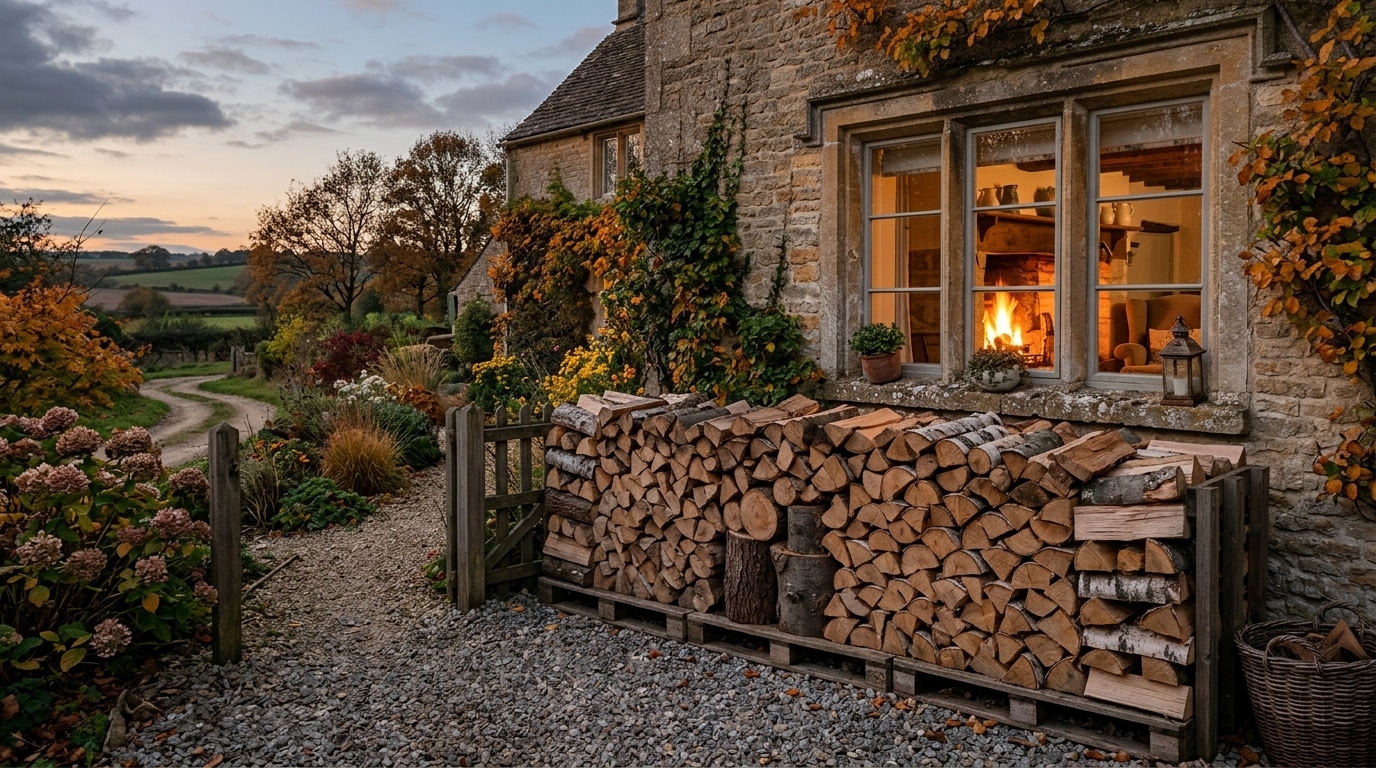 Tas de bois surélevé sur gravier devant une maison de campagne