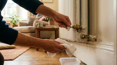 Main qui purge un radiateur avec une clé
