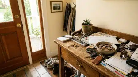 Vide-poche d'entrée encombré de clés et courrier