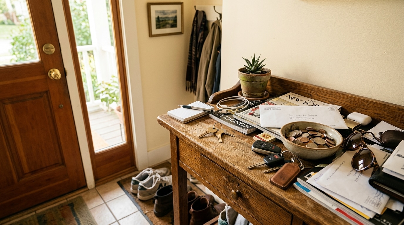 Vide-poche d'entrée encombré de clés et courrier