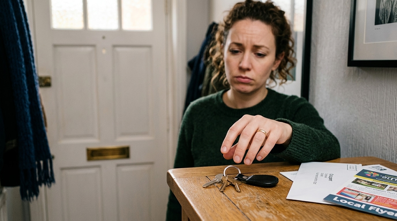 Main hésitant au-dessus de clés près d'une porte