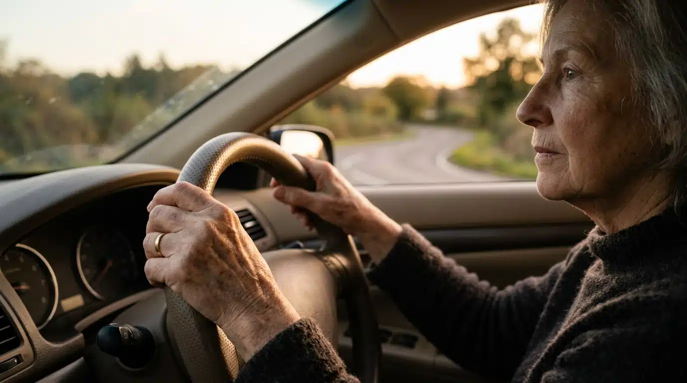 Mains ridées posées sur un volant de voiture