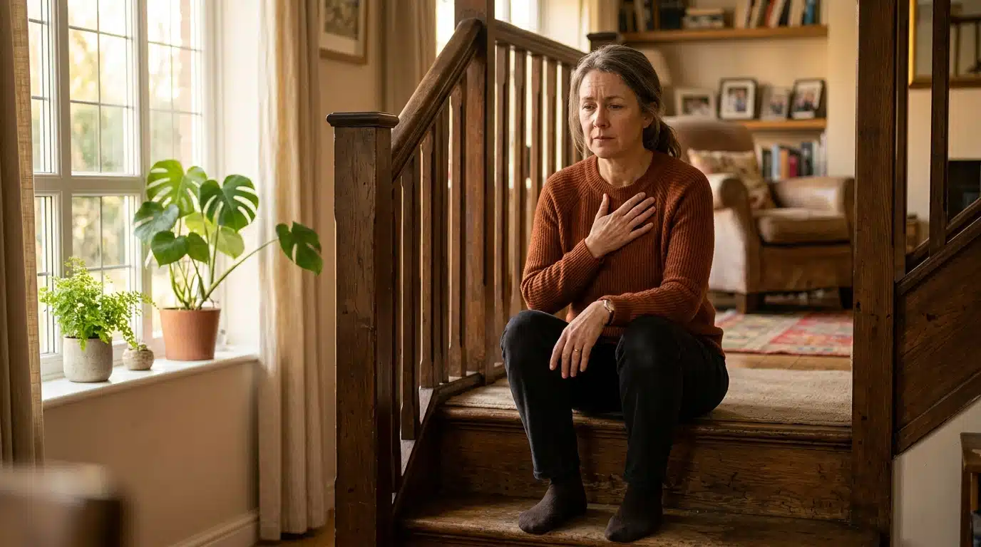 Femme essoufflée assise dans un escalier, main sur la poitrine