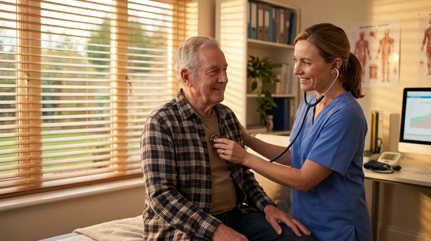 Médecin auscultant le cœur d'un patient senior