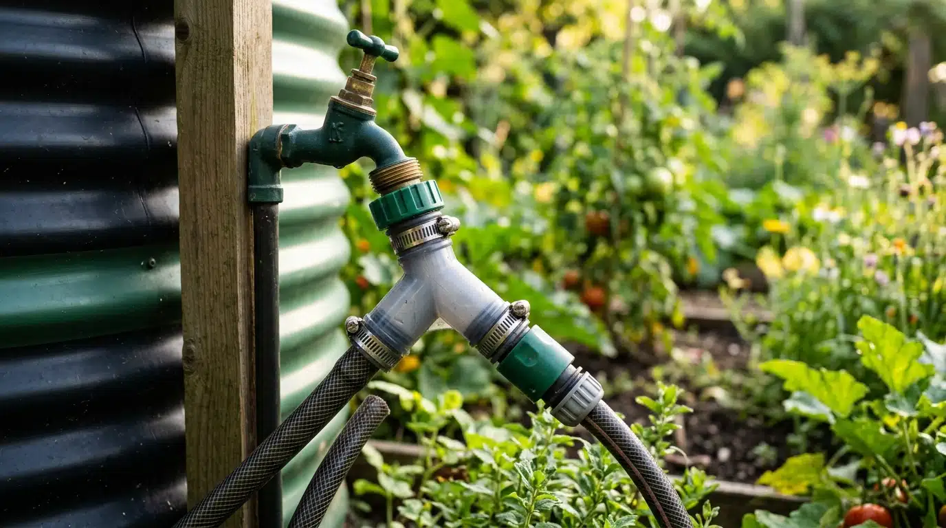 Raccord en Y entre cuve de pluie et robinet de jardin