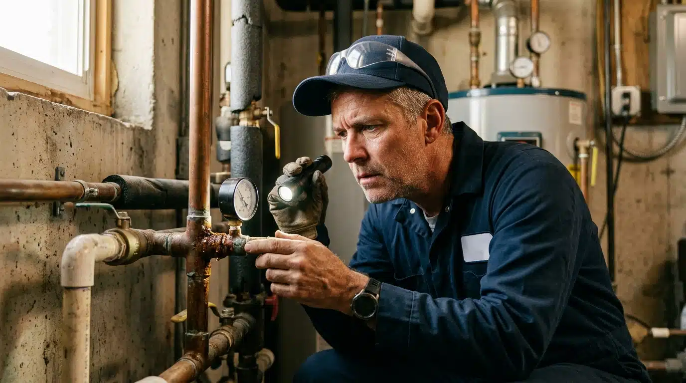 Agent des eaux inspectant une canalisation domestique