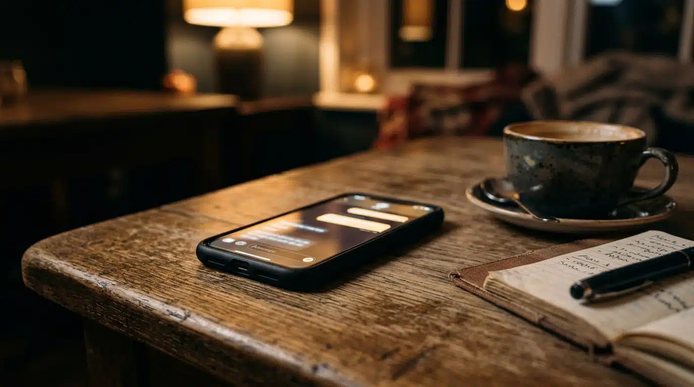 Smartphone allumé la nuit avec carnet et stylo