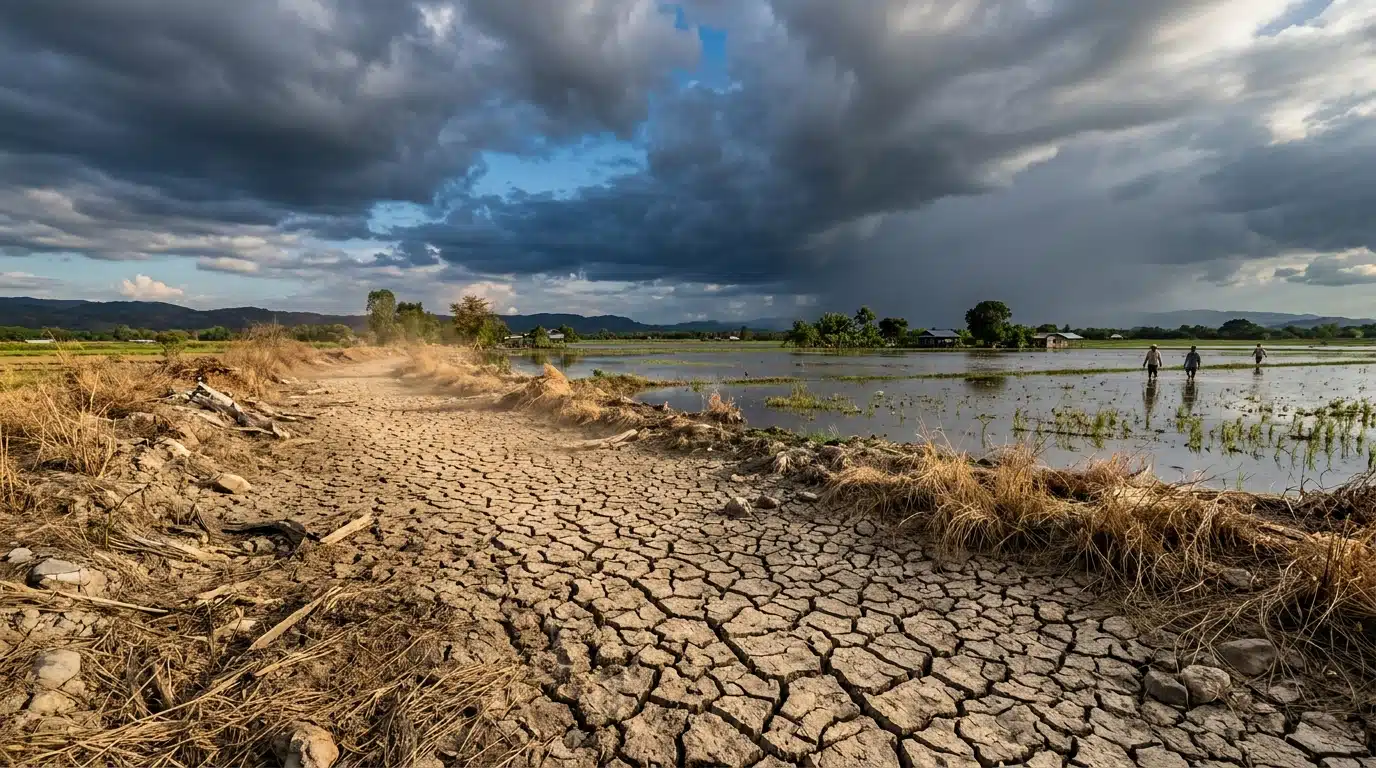 Sol craquelé par la sécheresse sous ciel menaçant
