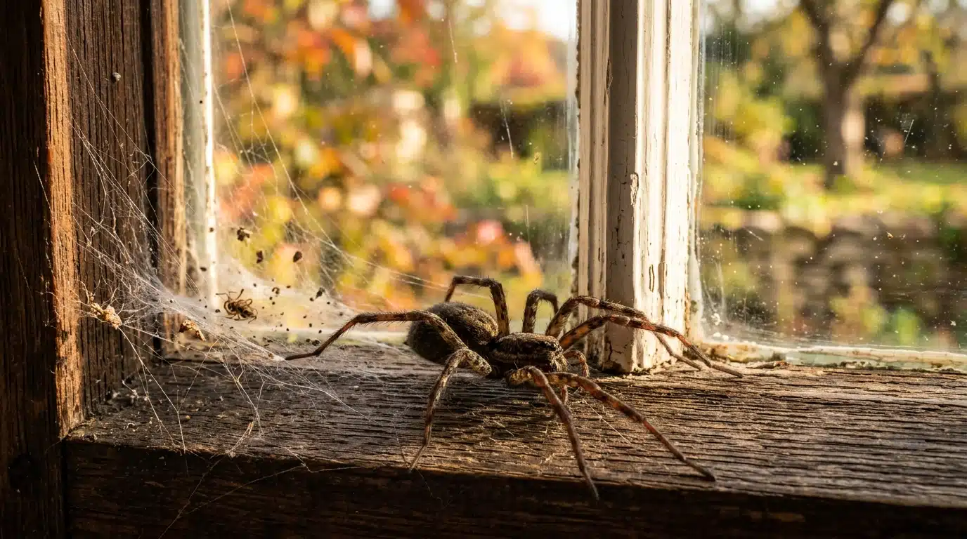 Araignée sur un cadre de fenêtre en bois