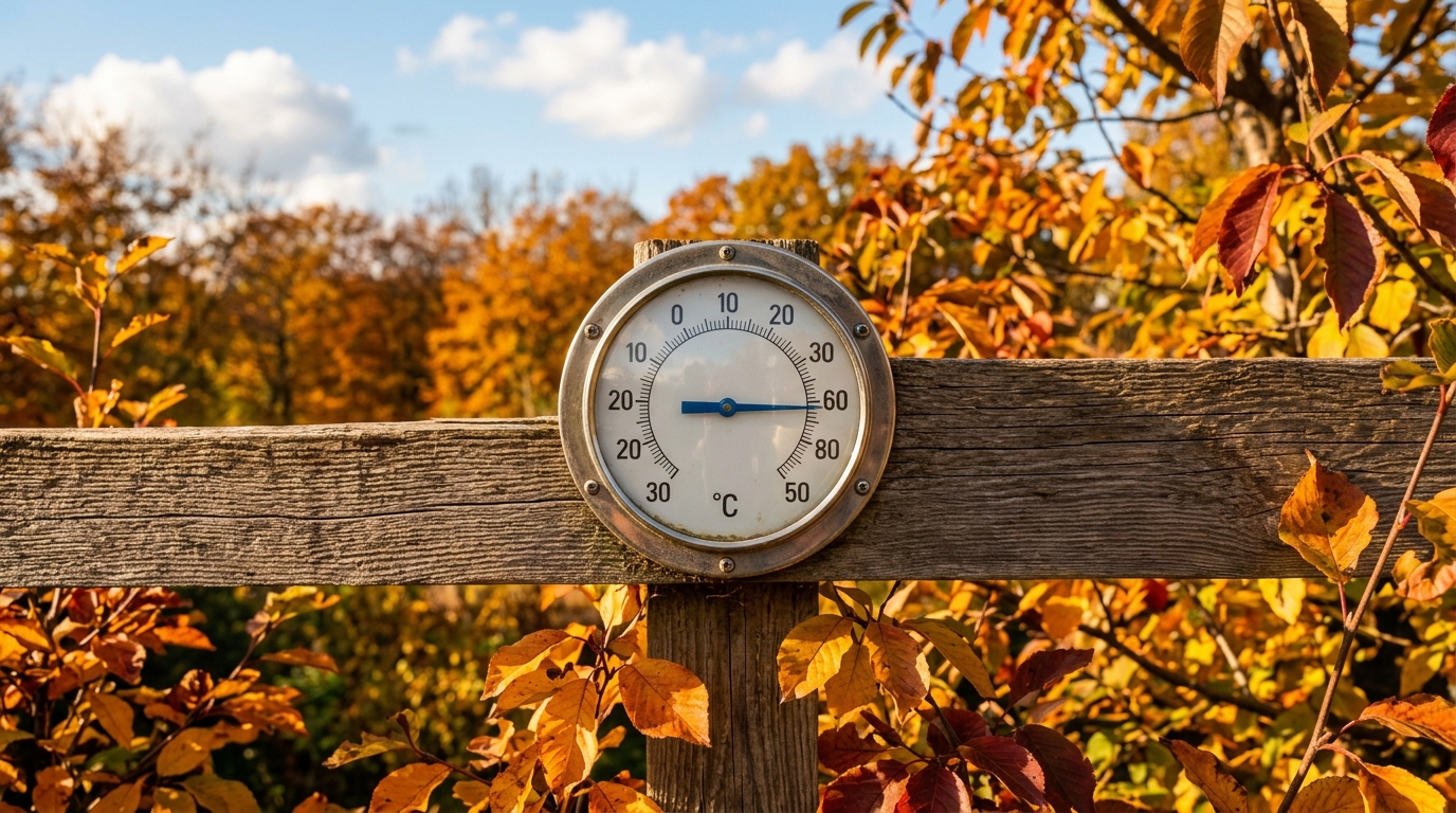 Thermomètre extérieur affichant 30 degrés parmi feuilles d'automne