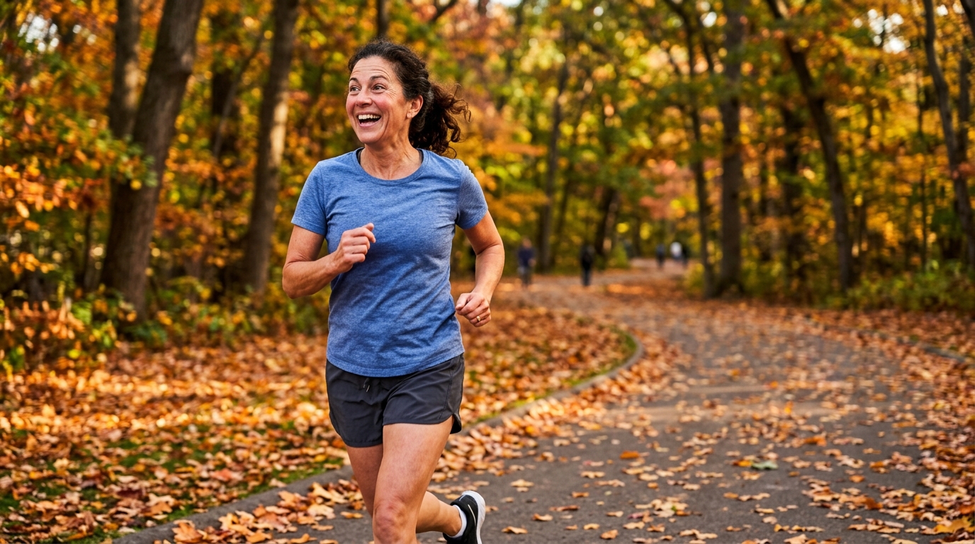 Coureur souriant en short sous soleil d'automne