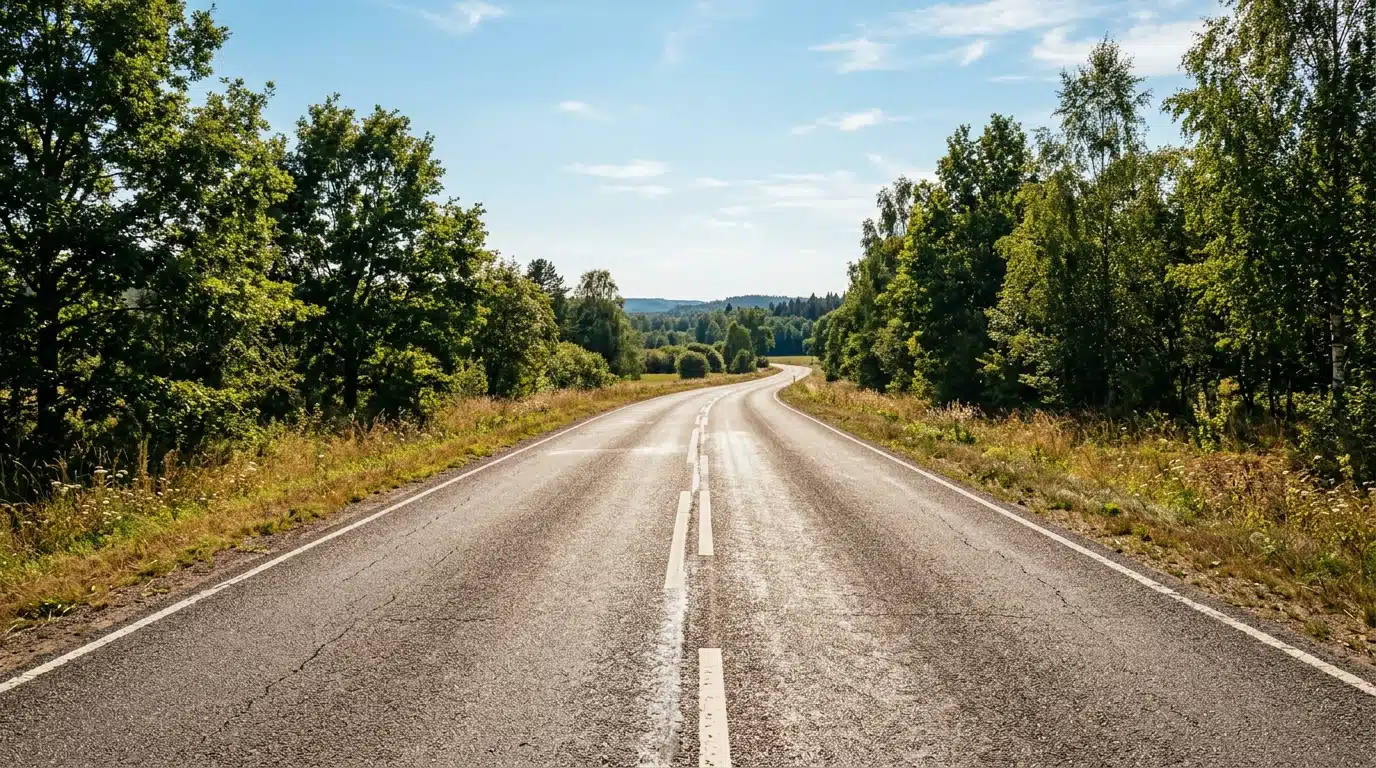 Route asphaltée brillante sous un ciel ensoleillé