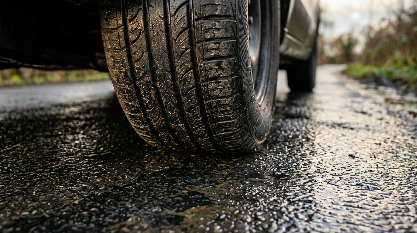 Pneu de voiture sur chaussée mouillée et glissante