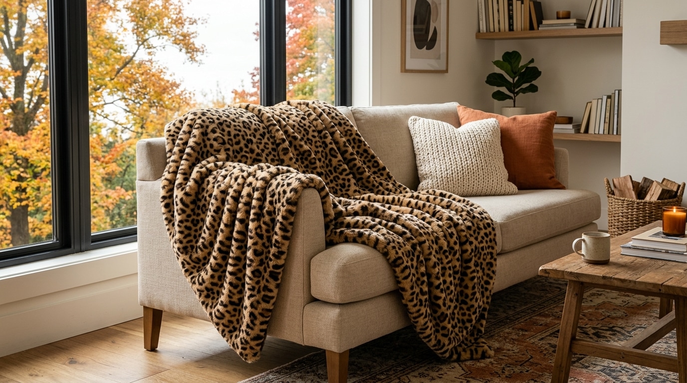 Plaid léopard XXL déployé sur un canapé beige
