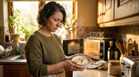 Femme déçue devant un bol de riz sec au micro-ondes