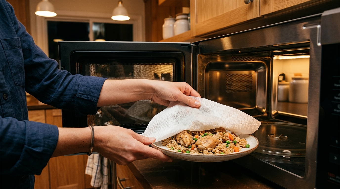 Papier humide posé sur un plat avant réchauffage