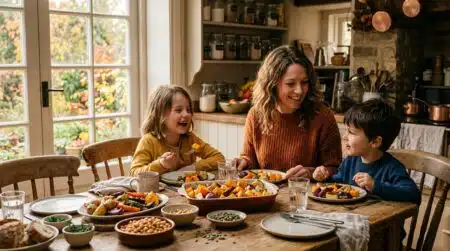Famille attablée autour d'une base de courge et pommes de terre