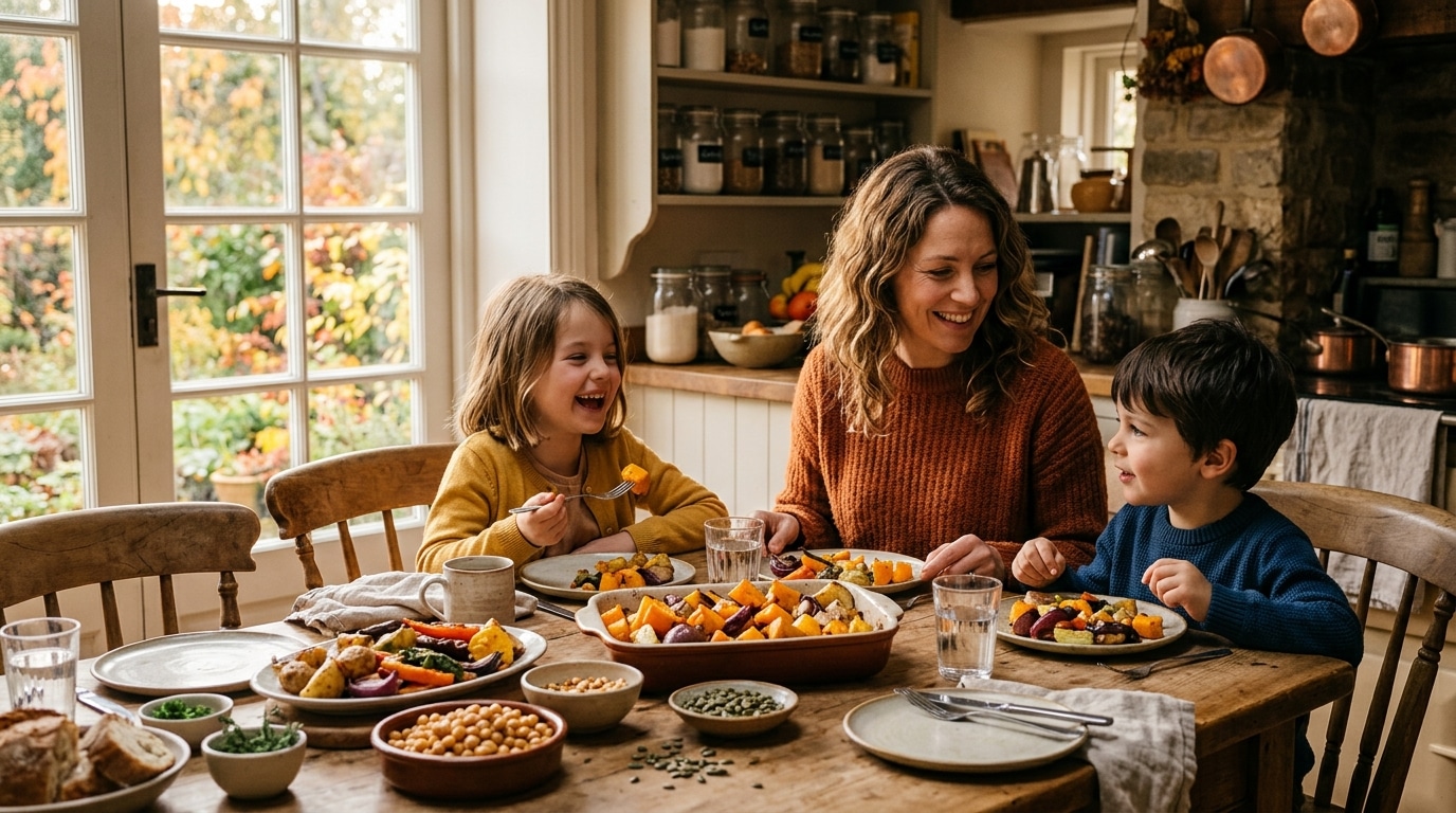 Famille attablée autour d'une base de courge et pommes de terre